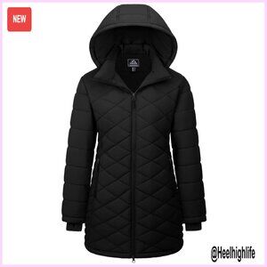 Women's Long Winter Quilted Puffer Jacket Waterproof Insulated Hooded Parka